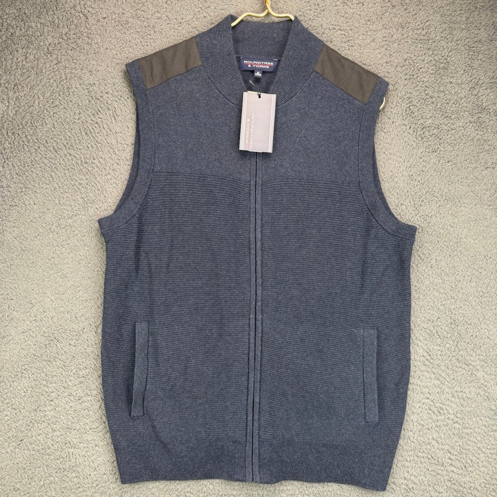 Roundtree & Yorke Mens Blue Full Zip Sweater Vest Faux Suede Trim Size M NEW